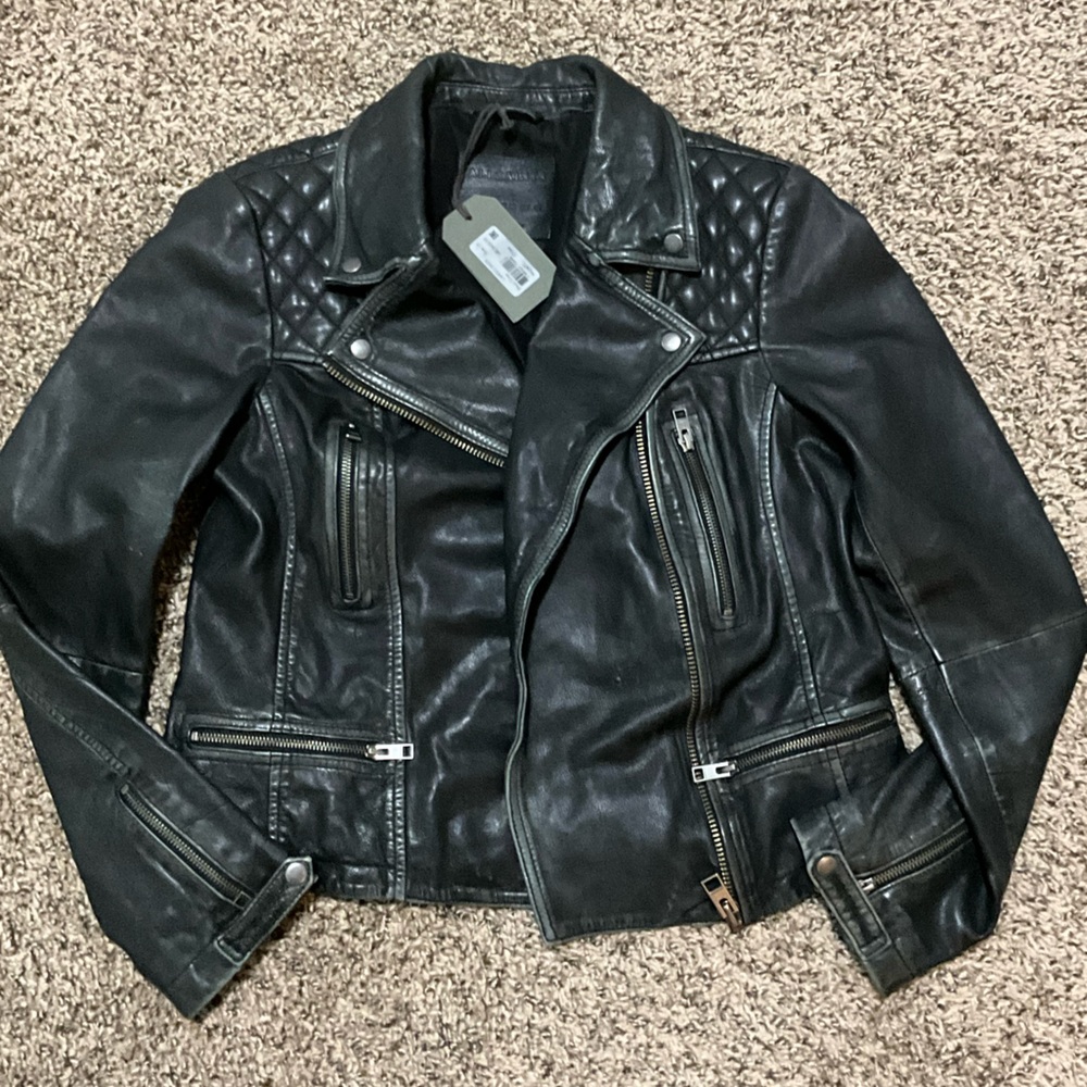 🖤 All Saints Distressed Cargo Leather Biker Jacket 10 (19” pit - 6, 8 can fit)